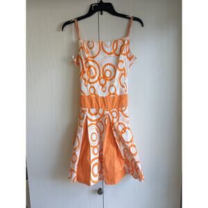 Out Stretch Women's Orange White Rings Square-Neck Fit & Flare Mini Dress Size M